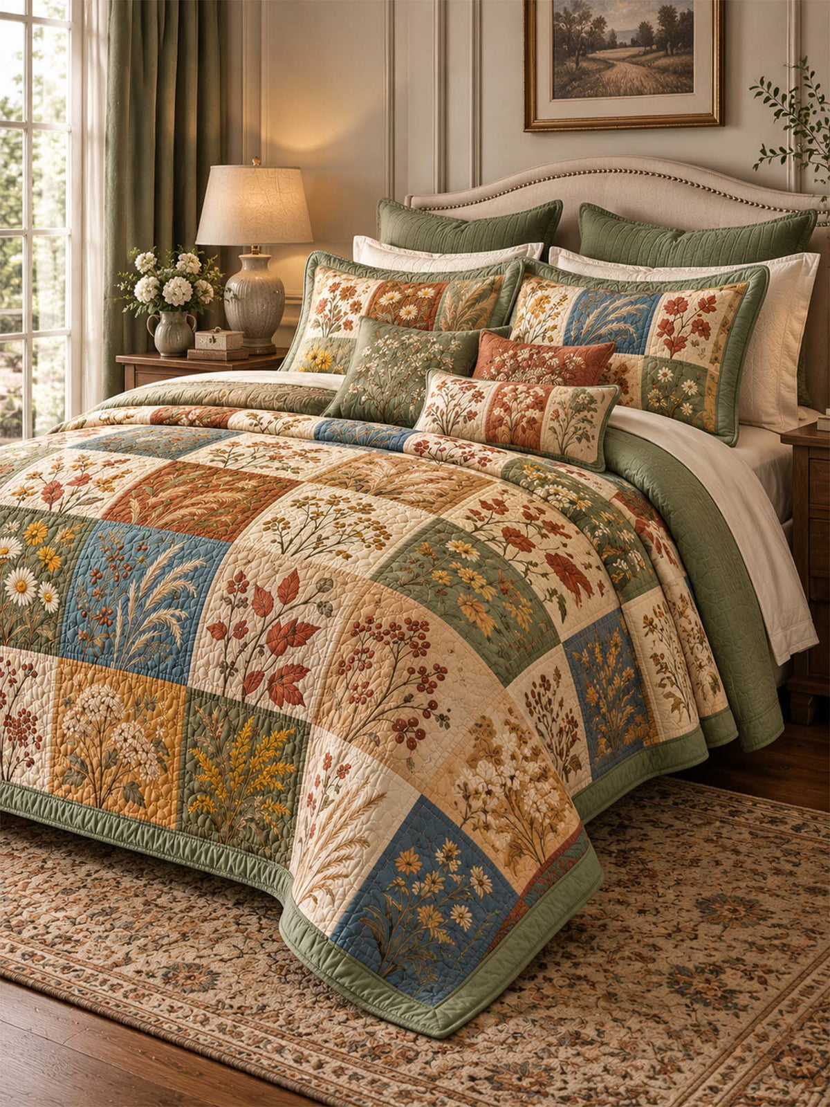 Autumn Botanical Patchwork Quilted 3-Piece Bedding Set