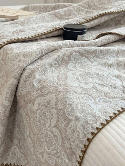 Vintage Beige Floral Jacquard Quilted Throw Three‑Layer Gauze Cotton Blanket