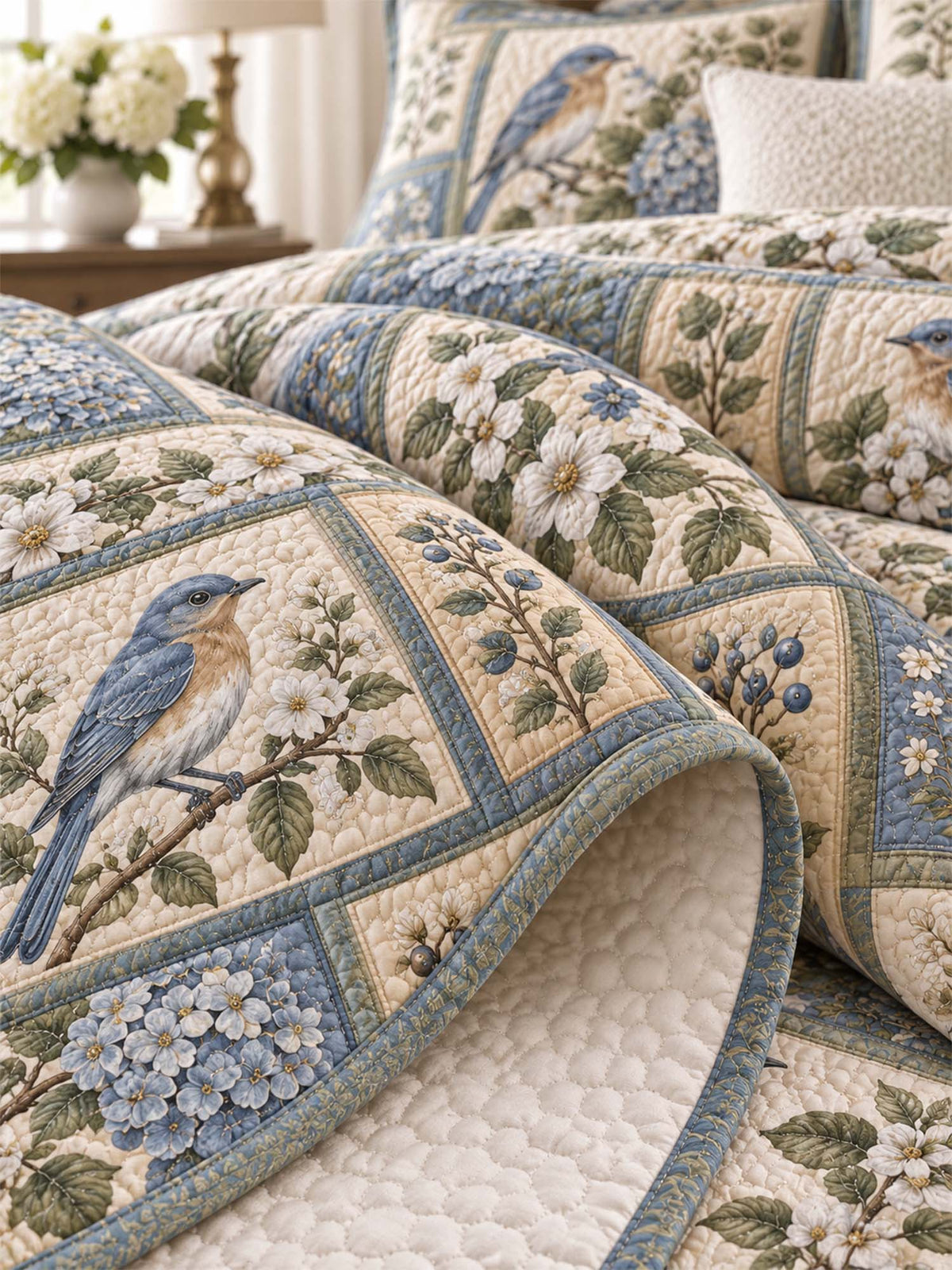 Bluebird Hydrangea Garden Quilted 3-Piece Bedding Set
