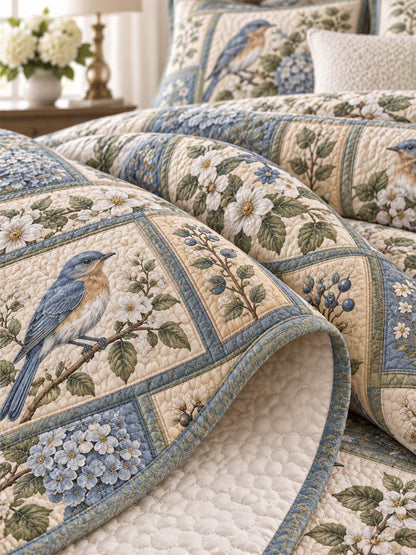 Bluebird Hydrangea Garden Quilted 3-Piece Bedding Set