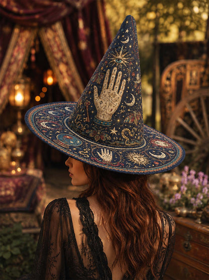 Handgemaakte gewatteerde heksenhoed – Mystieke tarot en sterren