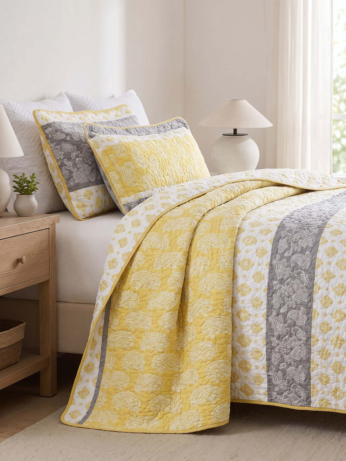 Yellow Grey Paisley Stripe Quilted 3‑Piece Bedding Set