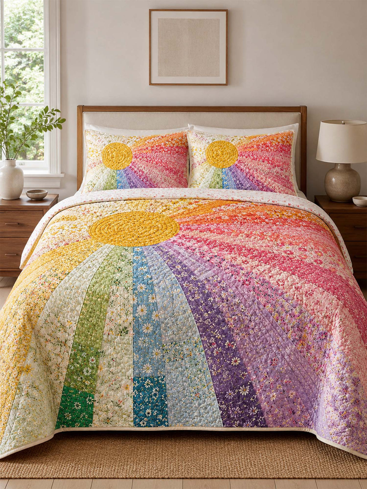 H.PAI Rainbow Sunburst Quilted 3-Piece Bedding Set