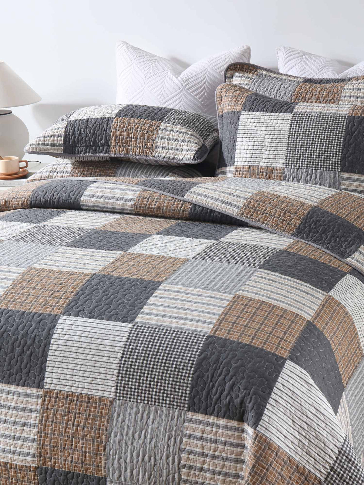 Grey Brown Plaid Patchwork Quilted 3‑Piece Bedding Set