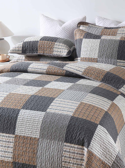 Grey Brown Plaid Patchwork Quilted 3‑Piece Bedding Set