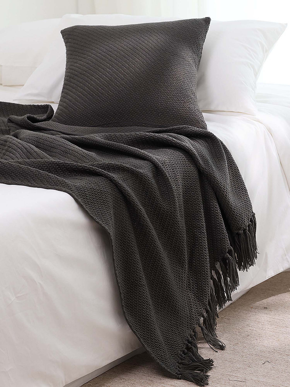 Textured Fringe Knitted Throw Blanket & Pillow Cover Set