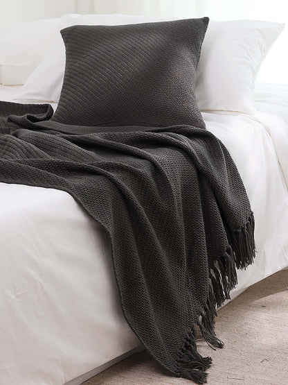 Textured Fringe Knitted Throw Blanket & Pillow Cover Set