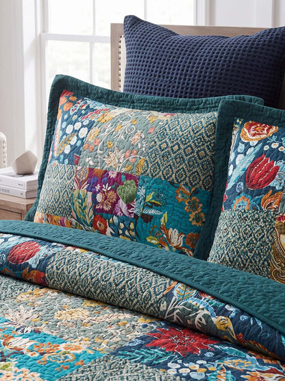 Teal Botanical Pieced Patchwork 100% Cotton Quilted 3-Piece Bedding Set