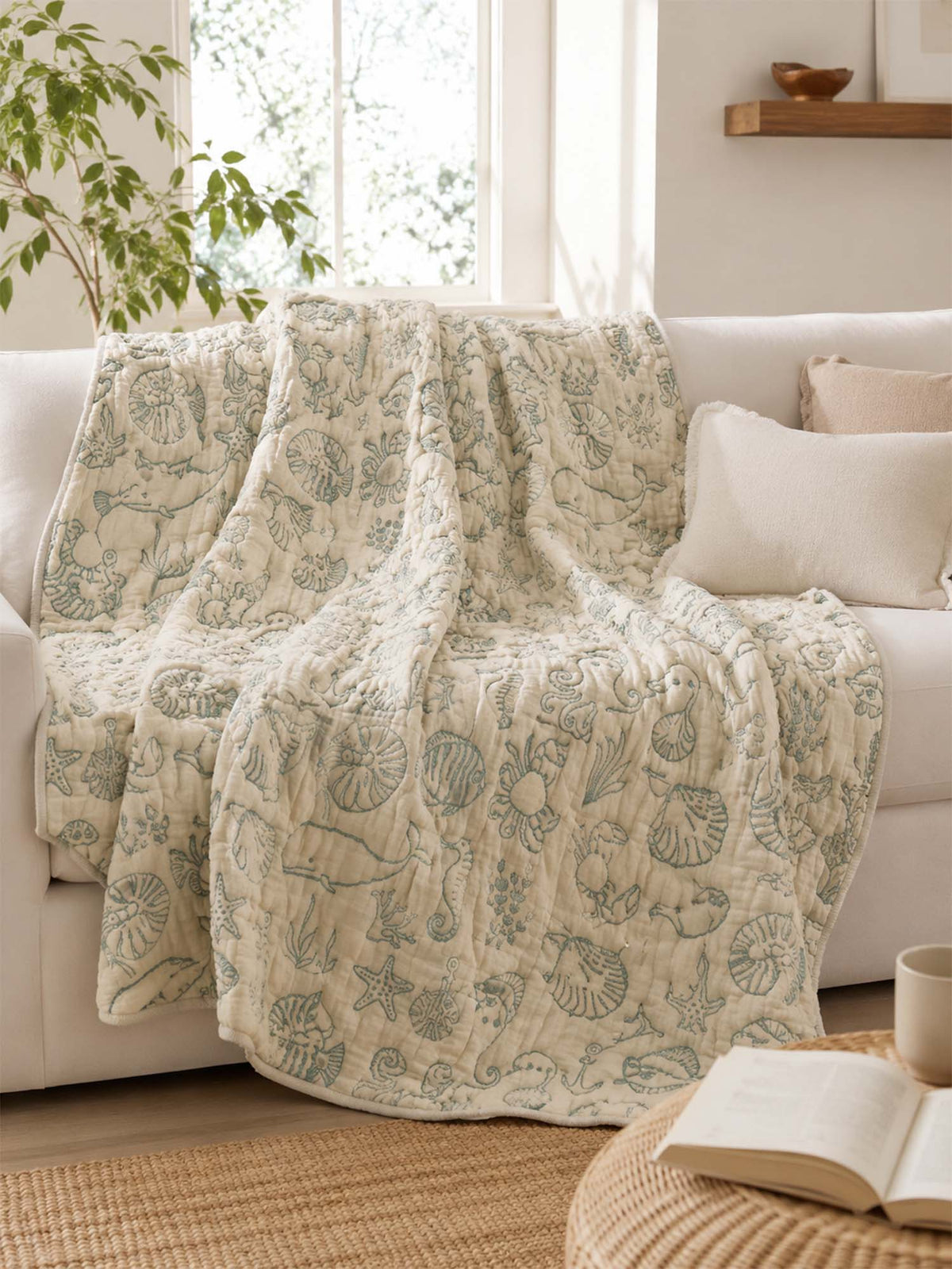 Sea Life Adventure Green 100% Cotton Gauze Soft Puff Blanket