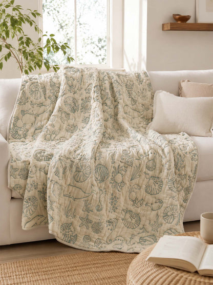 Sea Life Adventure Green 100% Cotton Gauze Soft Puff Blanket