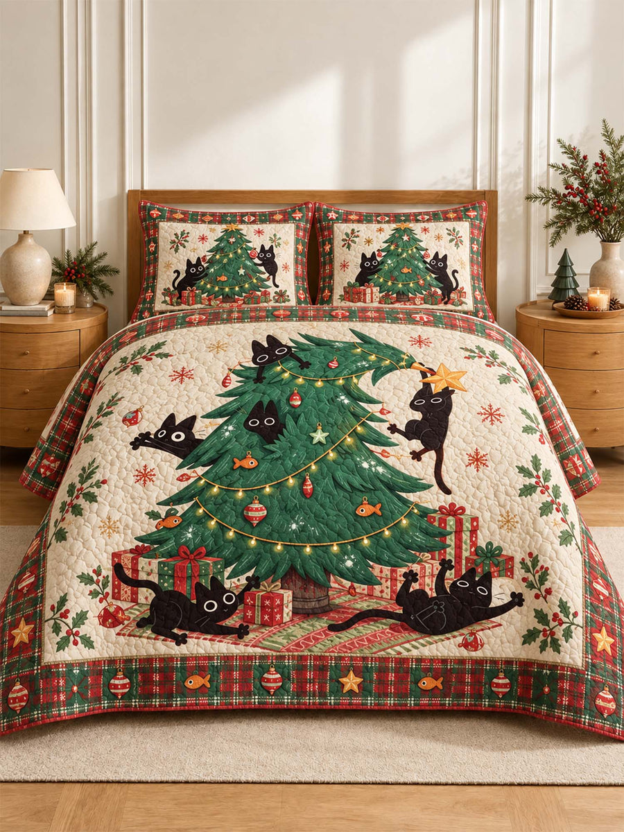Playful Black Cats Christmas Tree Quilted 3-Piece Bedding Set