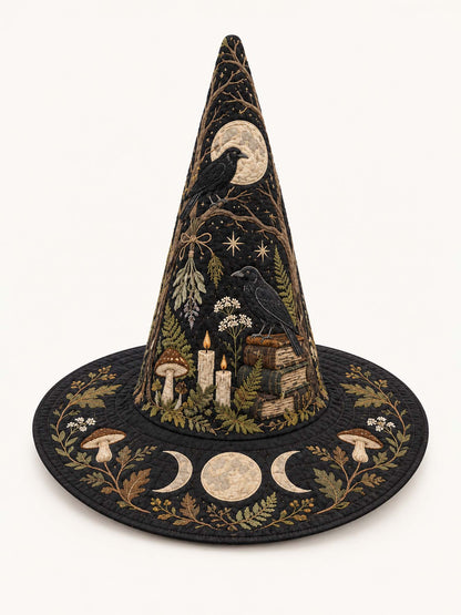 Moonlit Raven Enchanted Library Gothic Handcrafted Quilted Witch Hat