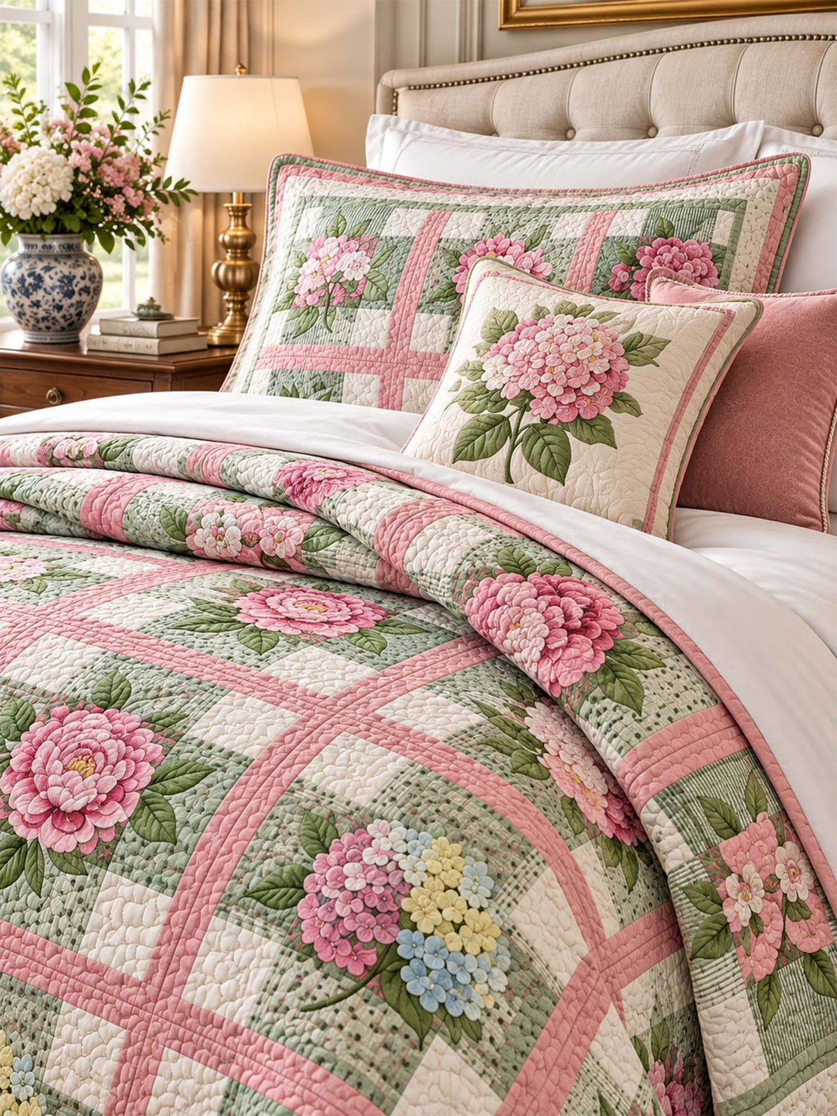 Pink Rose & Hydrangea Garden Quilted 3-Piece Bedding Set