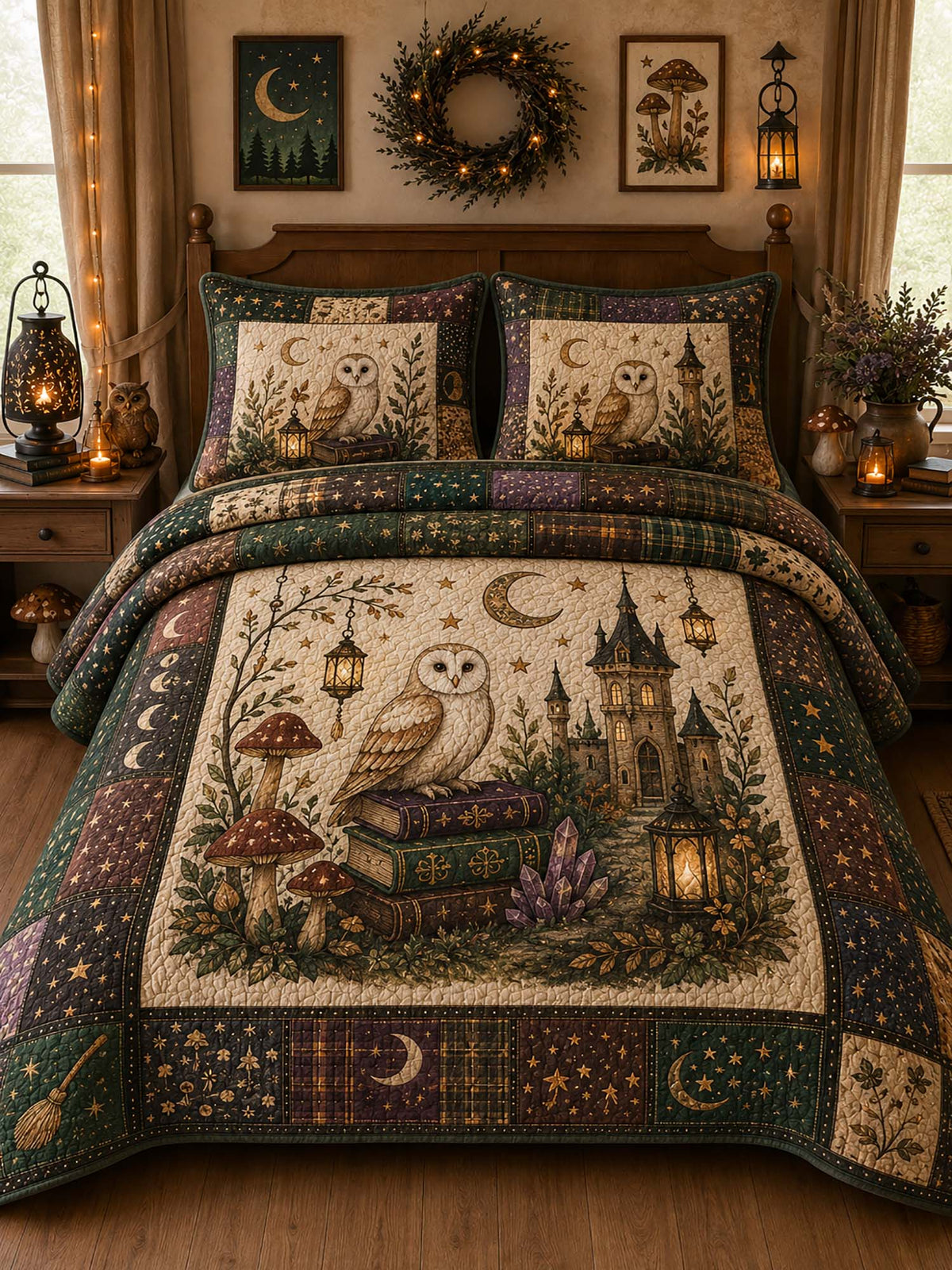 Woodland Owl Mushroom Crystal Castle Quilted 3‑Piece Bedding Set