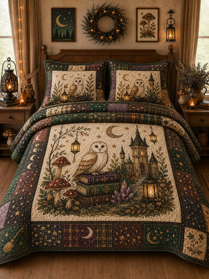 Woodland Owl Mushroom Crystal Castle Quilted 3‑Piece Bedding Set