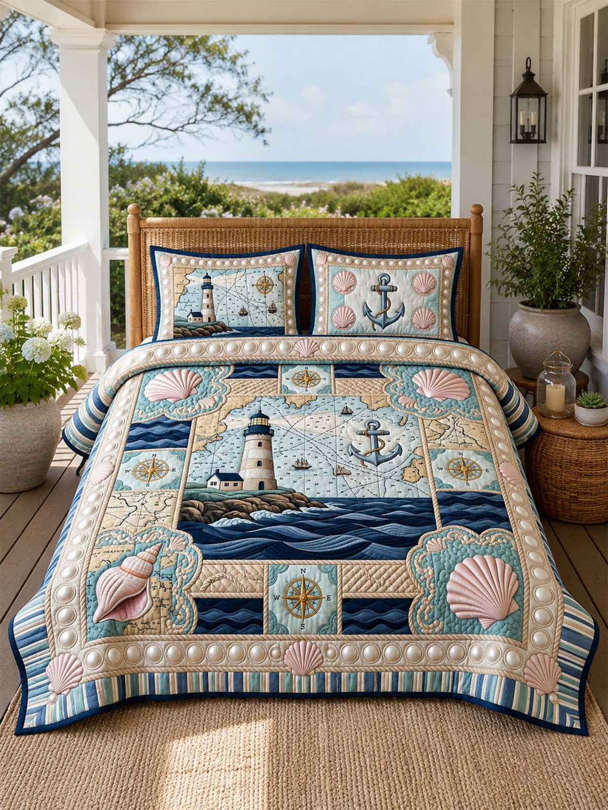 H.PAI Coastal Lighthouse Quilted 3-Piece Bedding Set