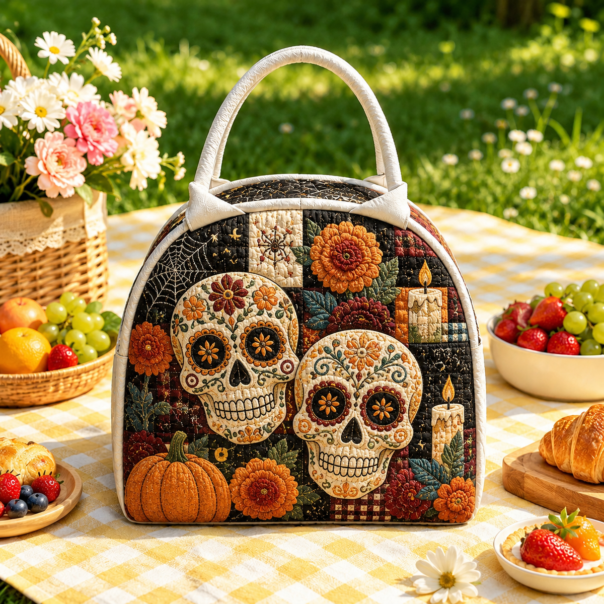 Gequilted Snacktas - Suiker schedel met bloemen