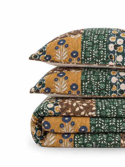 Botanical Floral Patchwork Quilted 3-Piece Bedding Set