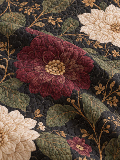 H.PAI Dark Botanical Floral Quilted 3-Piece Bedding Set