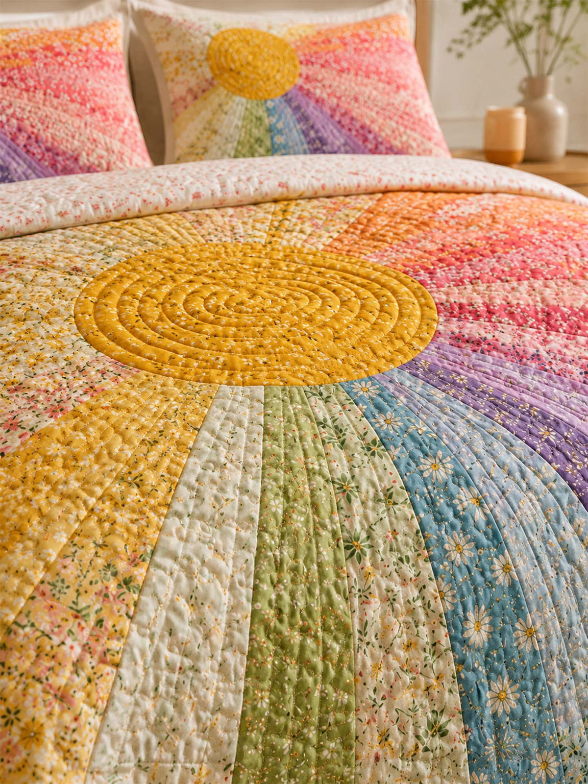 H.PAI Rainbow Sunburst Quilted 3-Piece Bedding Set