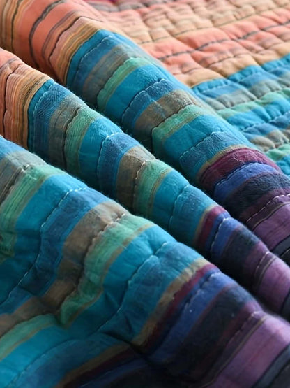 Retro Boho Multicolor Striped 100% Cotton Quilted 3-Piece Bedding Set