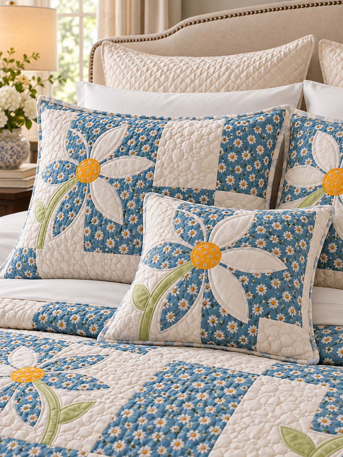 Blue Daisy Cottage Patchwork Quilted 3-Piece Bedding Set
