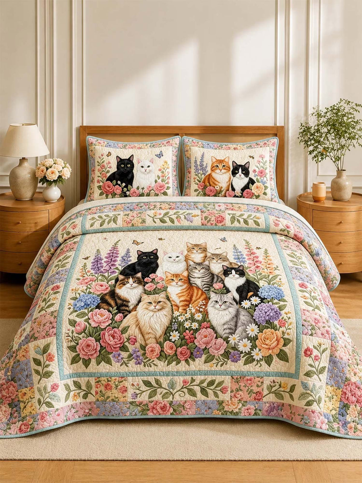 H.PAI Garden Cat Gathering 3-Piece Quilted Bedding Set