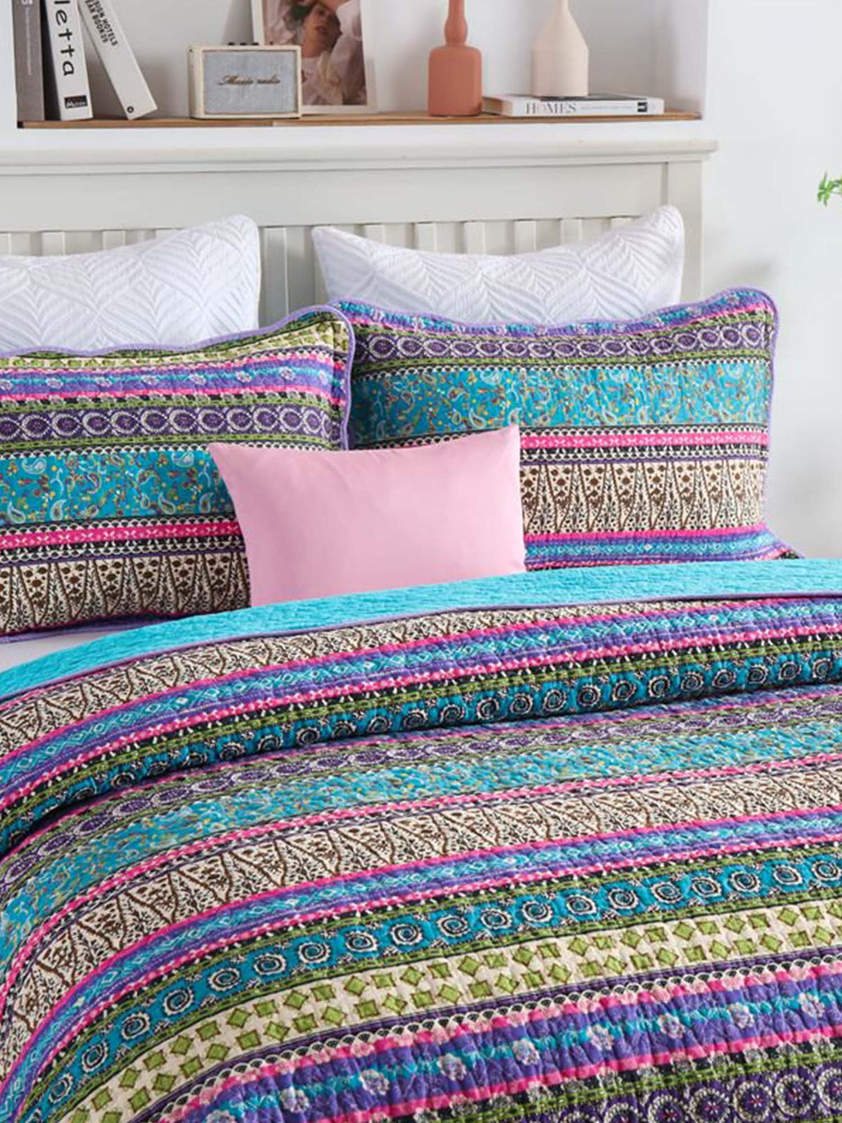 Turquoise Boho Stripe Quilted 3-Piece Bedding Set