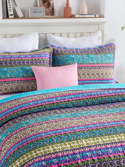 Turquoise Boho Stripe Quilted 3-Piece Bedding Set