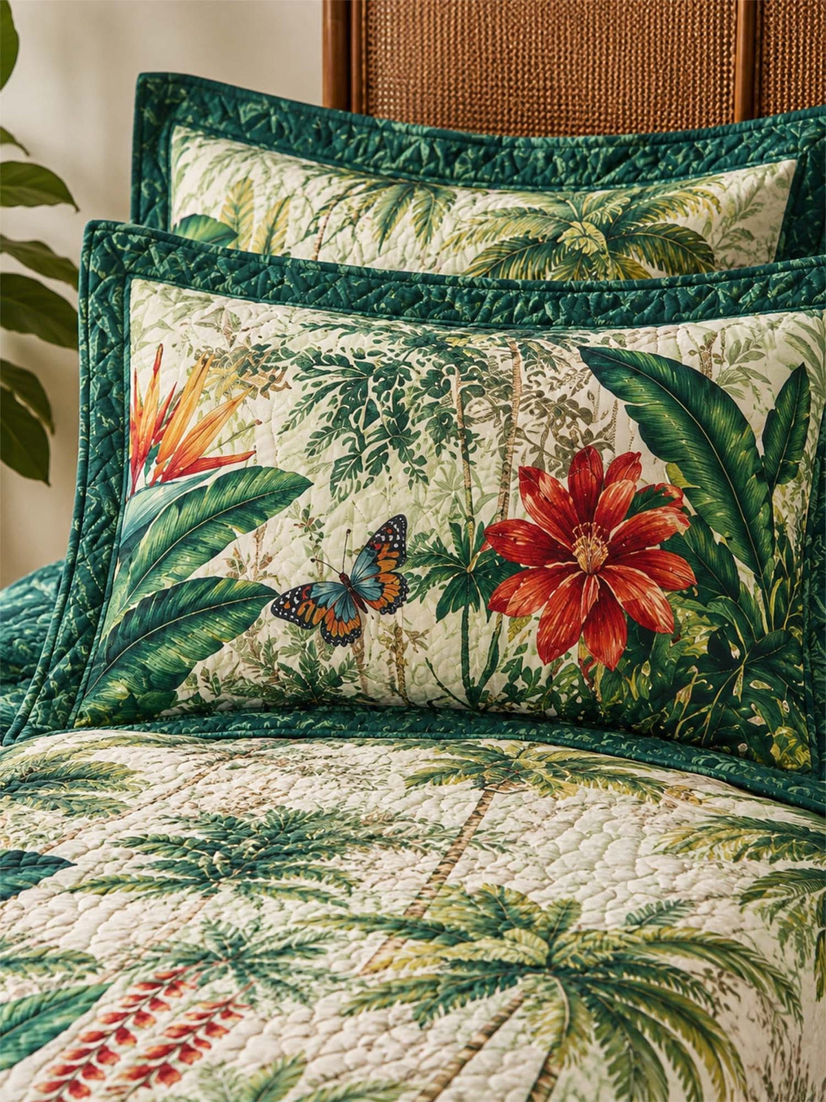 H.PAI Tropical Botanical Quilted 3-Piece Bedding Set