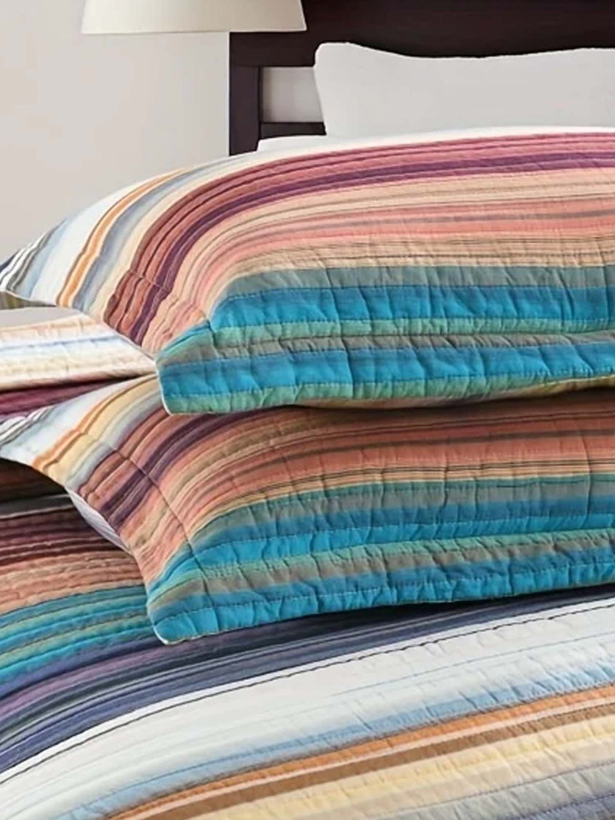 Retro Boho Multicolor Striped 100% Cotton Quilted 3-Piece Bedding Set