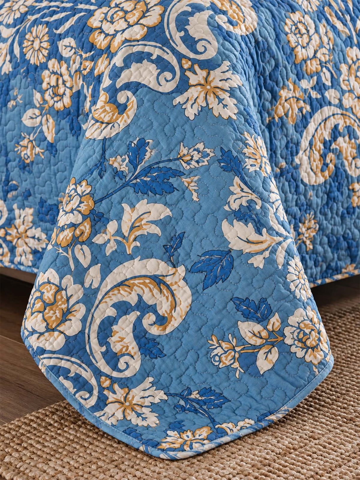 Blue Botanical Floral Quilted 3-Piece Bedding Set