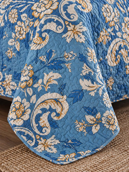 Blue Botanical Floral Quilted 3-Piece Bedding Set