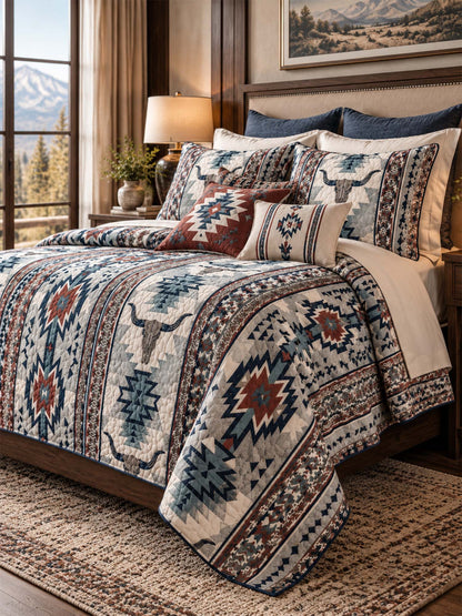 Western Longhorn Cow Skull Quilted 3-Piece Bedding Set