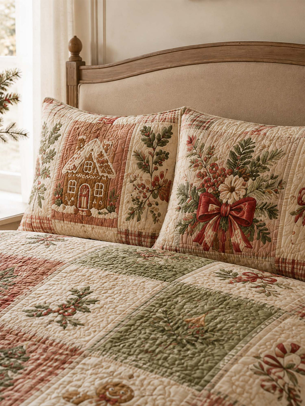 Gingerbread Christmas Patchwork Quilted 3-Piece Bedding Set