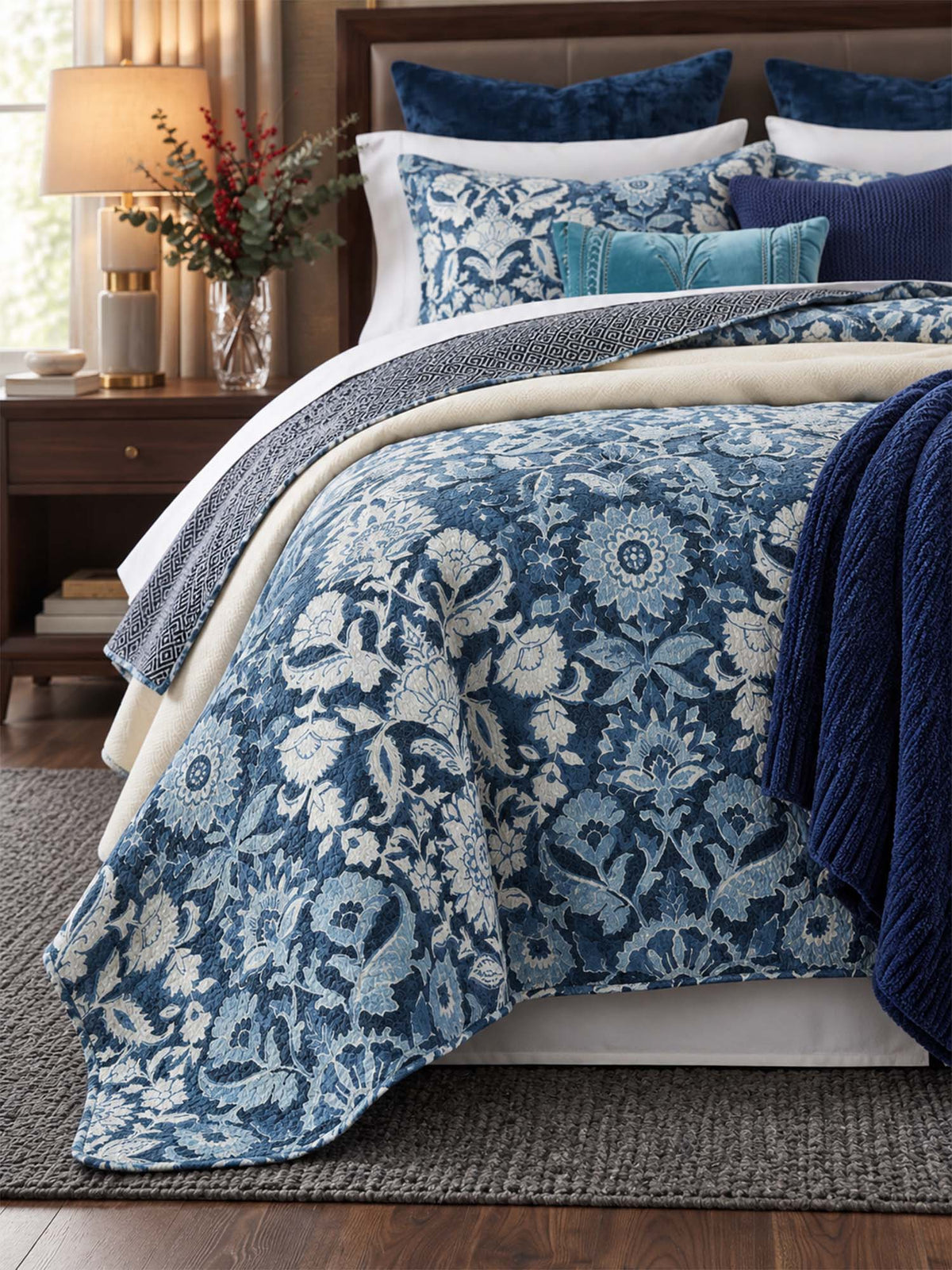 Indigo Botanical Tapestry Reversible 100% Cotton Quilted Bedding Set