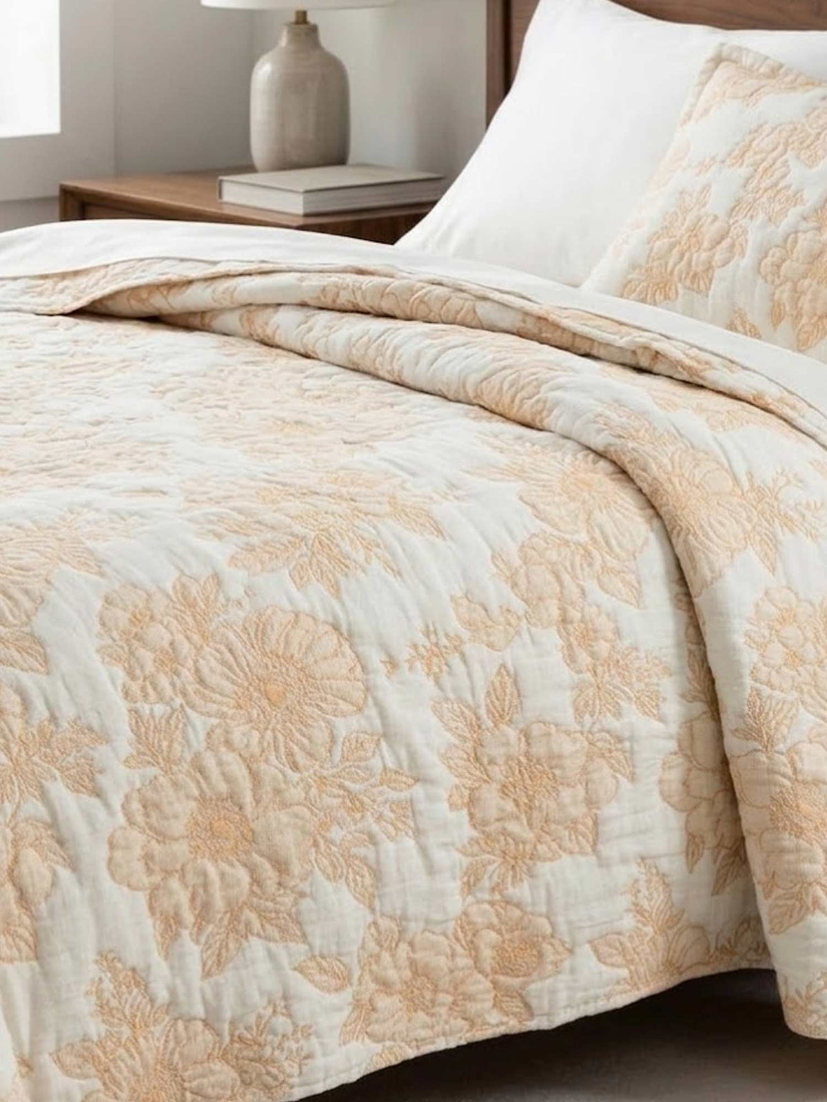Warm Yellow Vintage Large Floral Quilted Bedspread Cotton Puff Quilt Blanket