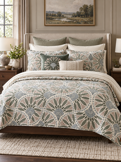 Sage Blue Botanical Medallion Quilted 3-Piece Bedding Set