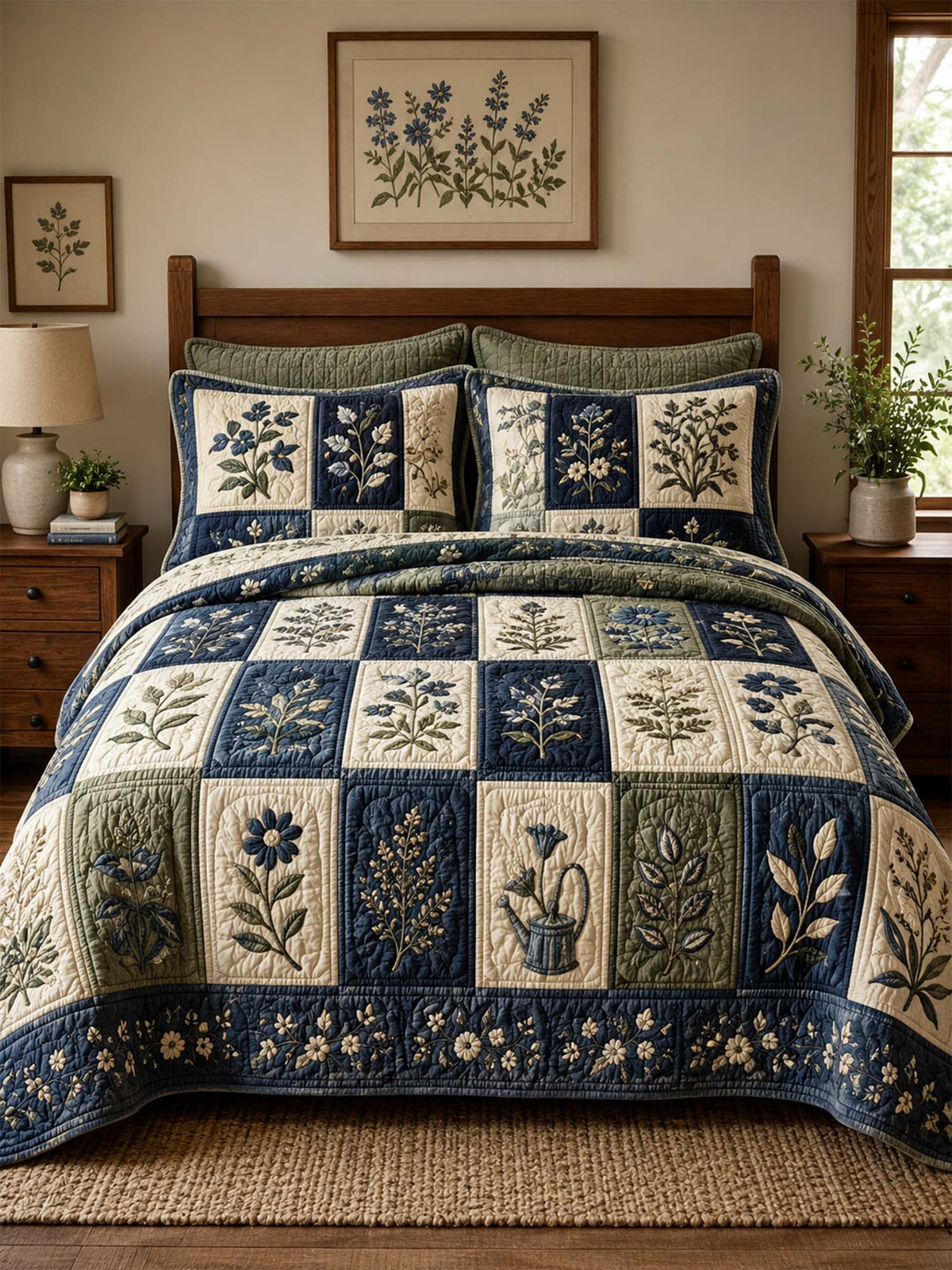 H.PAI Botanical Garden Quilted 3-Piece Bedding Set