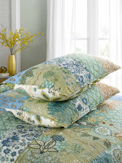 Sage Botanical Patchwork Quilted 3-Piece Cotton Bedding Set
