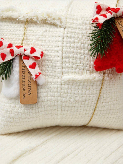 Cream Christmas Tree Bell Fringed Lumbar Pillow Cover