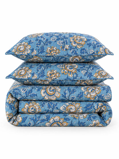 Blue Botanical Floral Quilted 3-Piece Bedding Set