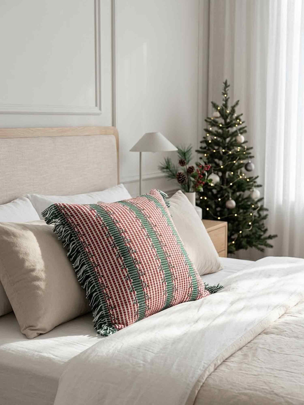 Red Green Striped Fringed Pillow Cover