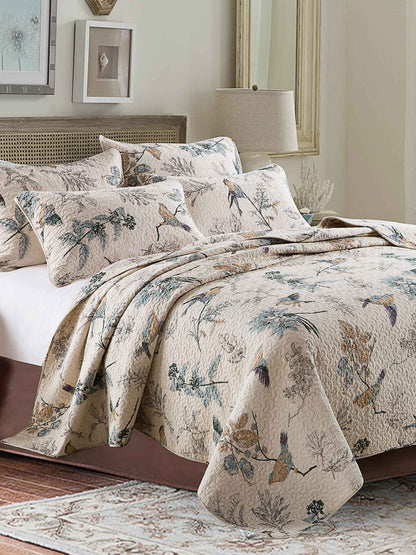 Cottage Style Nature Bird Floral Foliage Quilted 3‑Piece Bedding Set