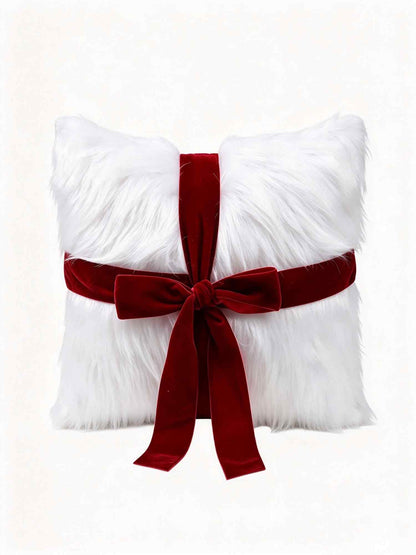 White Faux Fur Red Velvet Bow Pillow Cover