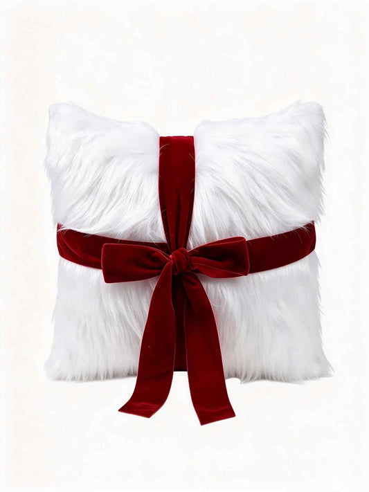 White Faux Fur Red Velvet Bow Pillow Cover