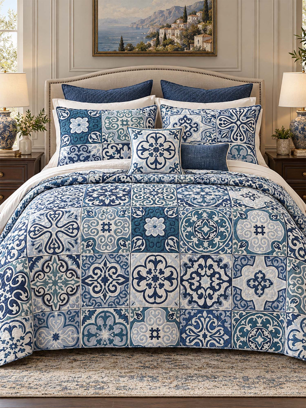 Blue Mediterranean Tile Patchwork Quilted 3-Piece Bedding Set