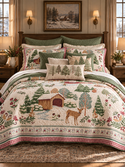 Woodland Cabin Deer Quilted 3-Piece Bedding Set