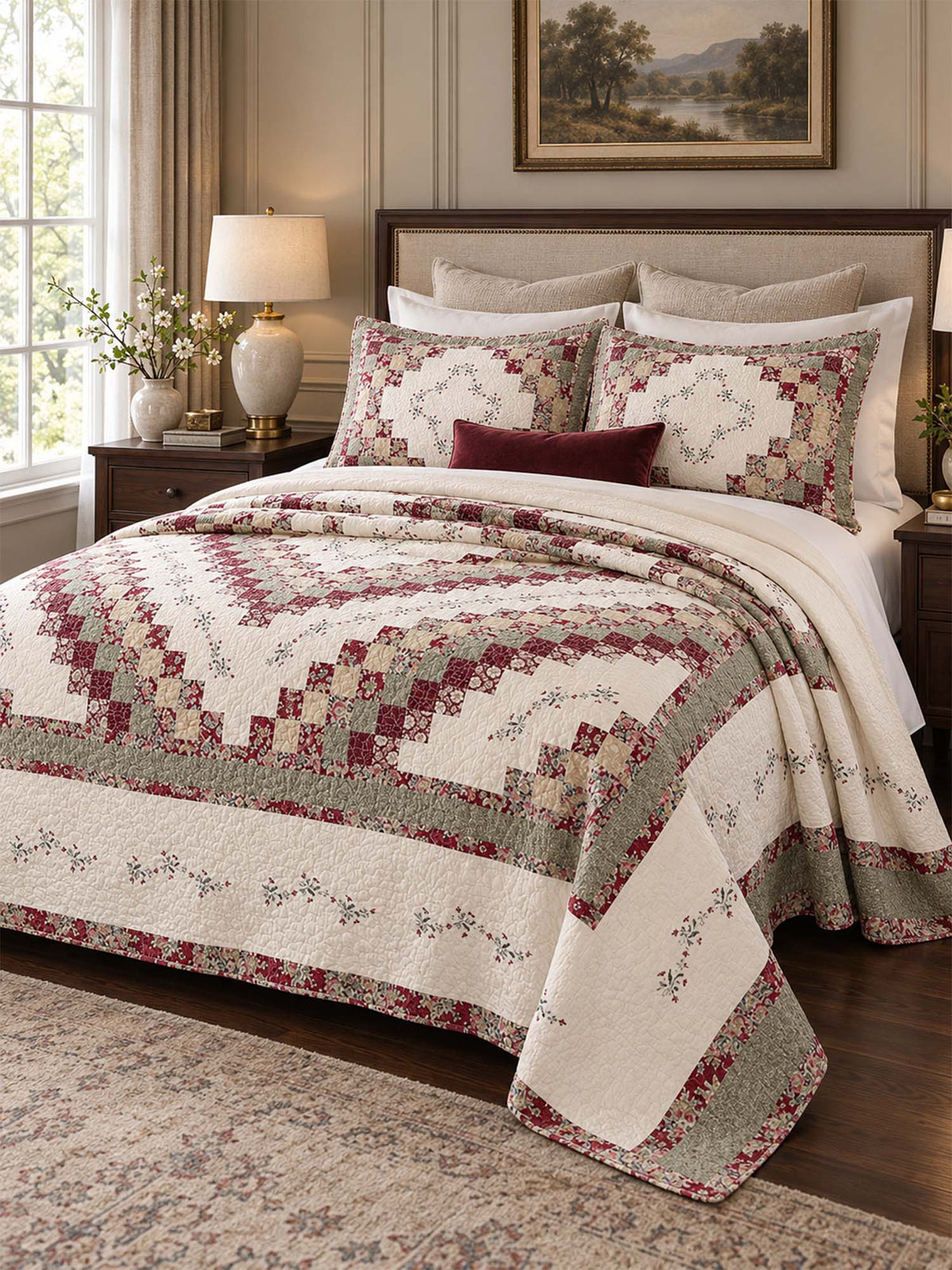 Sage Floral Patchwork Embroidered 100% Cotton Quilted 3-Piece Bedding Set