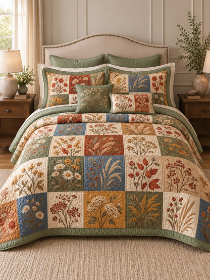 Autumn Botanical Patchwork Quilted 3-Piece Bedding Set